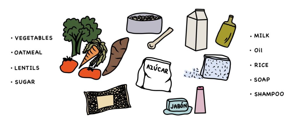 Essential Food Packs: Vegetables, lentils, oatmeal, sugar, milk, oil, rice, soap, shampoo